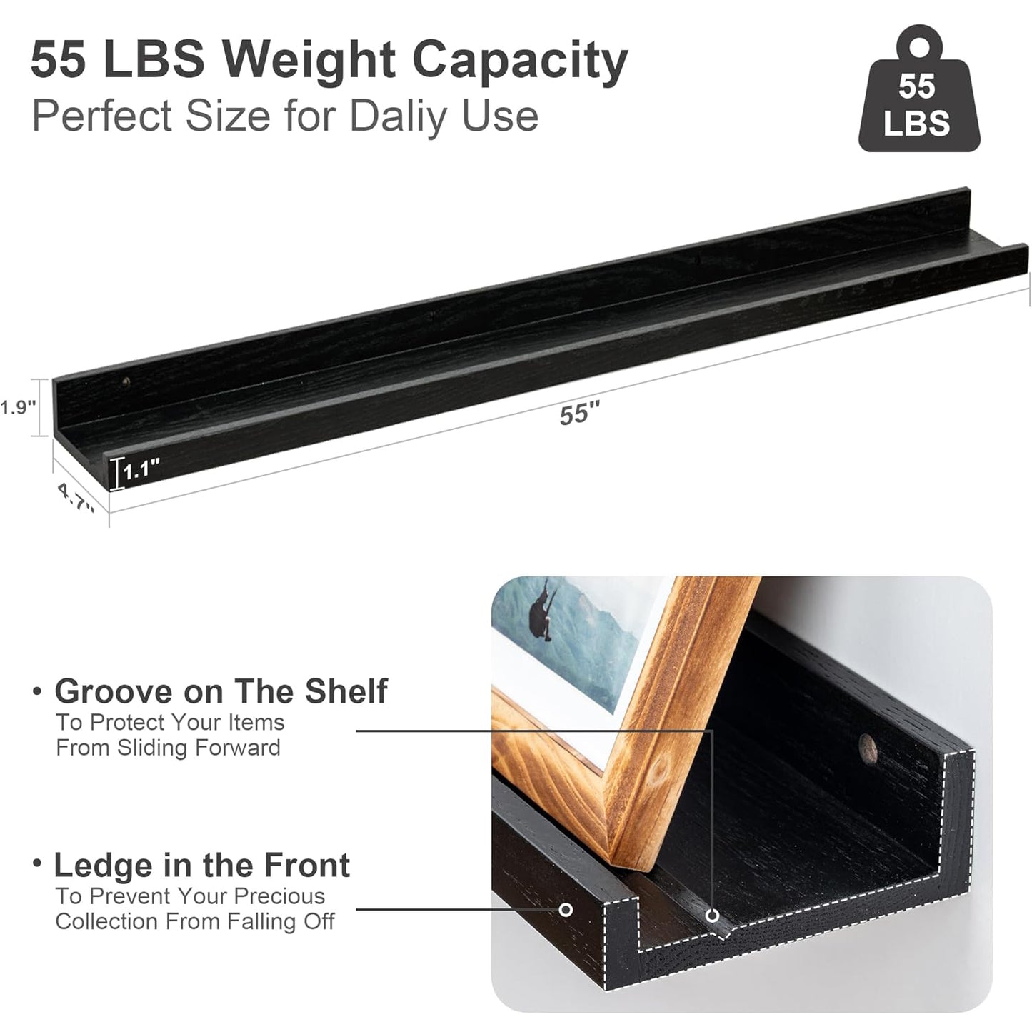 ShelfLoft 55" Wide x 4.7" Deep Solid Oak Wood Picture Ledge Floating Shelves,Set of 2