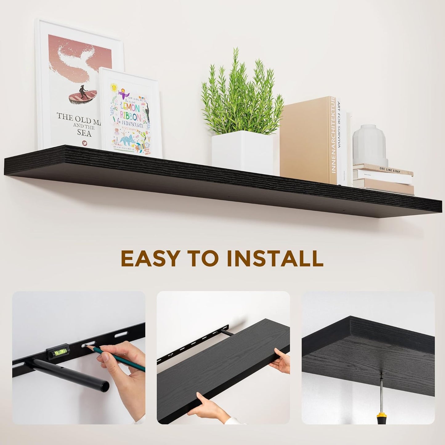 ShelfLoft 55" Wide x 9.3" Deep Floating Shelves for Wall Storage,Black-1 Pack