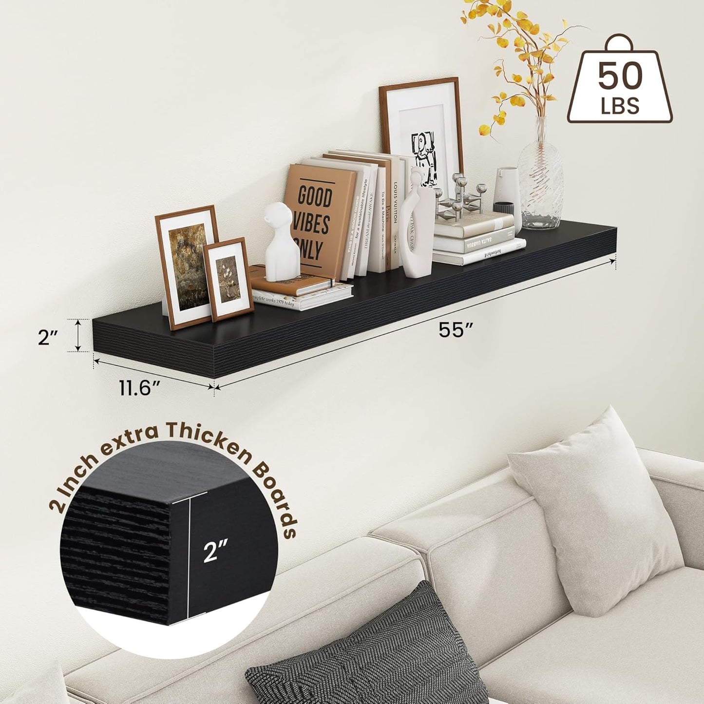 ShelfLoft 11.6"D x 2"H Black Floating Shelves for Wall Storage