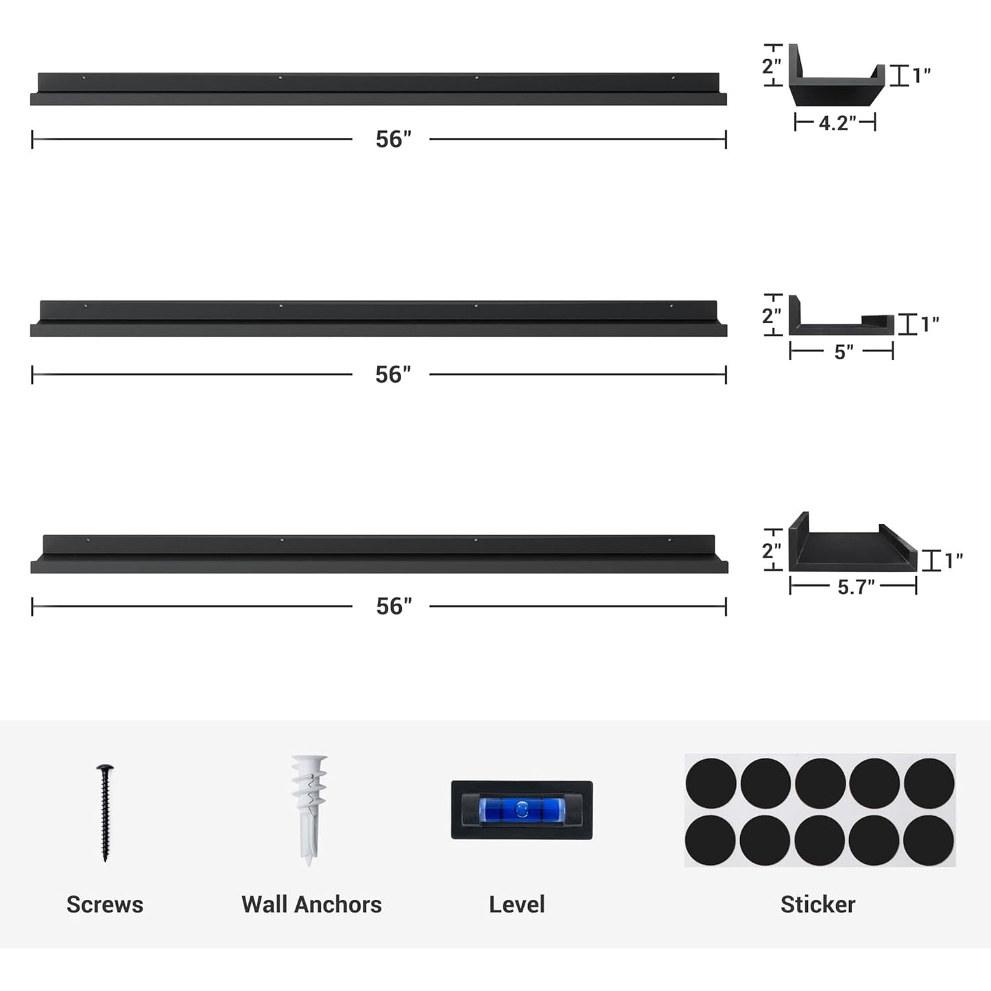 ShelfLoft 56" Wide x 5.7" Deep Picture Ledge Shelf Floating Shelves with Lip Set of 3