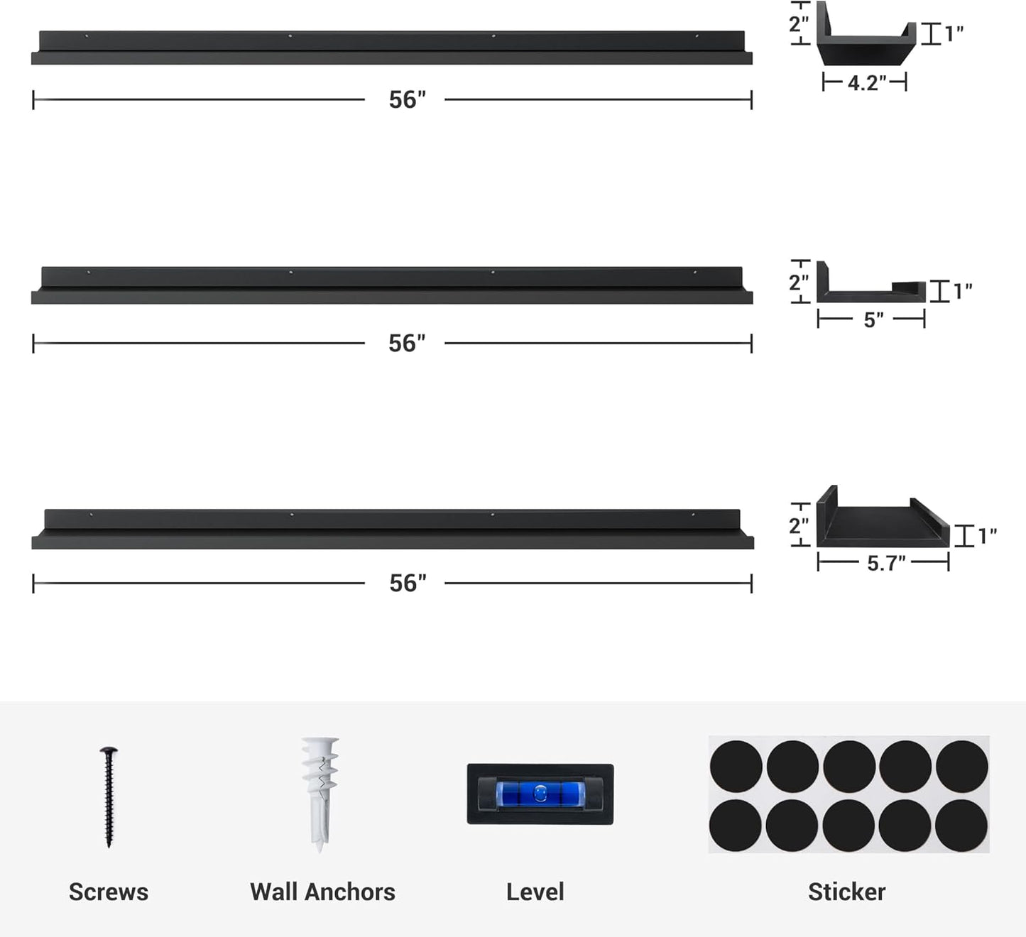 ShelfLoft 5.7"D x 2"H Black Picture Ledge Shelf Floating Shelves with Lip, Set of 3