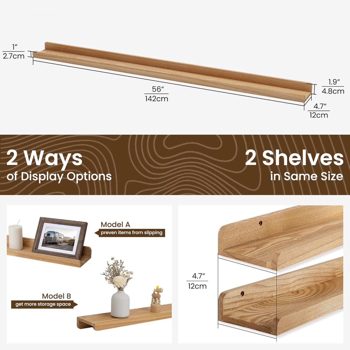 ShelfLoft 4.7 Inch Deep Solid Ash Wood Picture Ledge Shelf Groove Floating Shelves,Set of 2