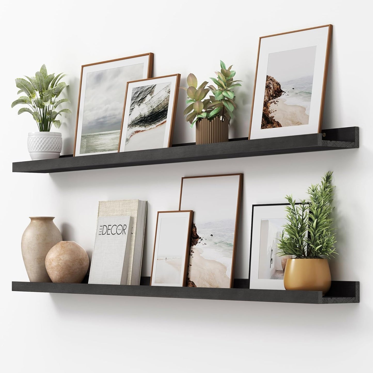 ShelfLoft 5.5"D x 2"H Black Pine Wood Picture Ledge Shelf Wall Shelves with Lip, 2 Pack
