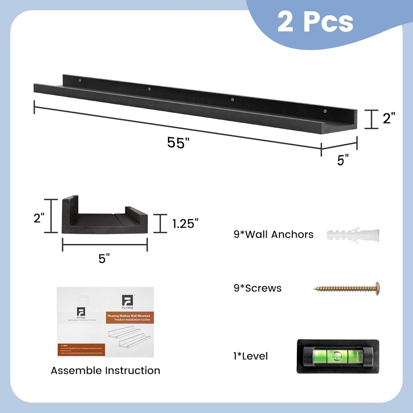 ShelfLoft 56" Wide x 5" Deep Pine Wood Picture Ledge Shelf Wall Shelves with Lip, 2 Pack