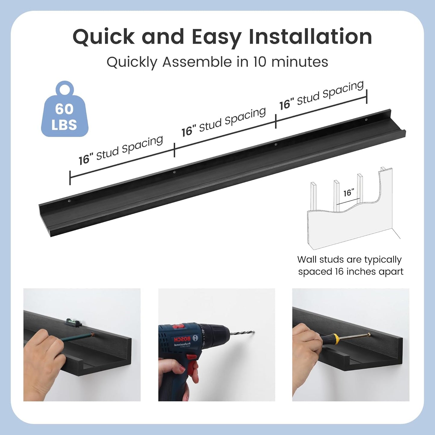 ShelfLoft 5.5"D x 2"H Black Pine Wood Picture Ledge Shelf Wall Shelves with Lip, 2 Pack