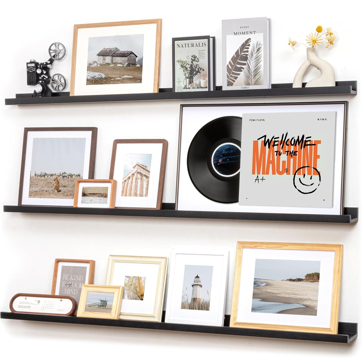 ShelfLoft 5.5"D x 2"H Black Pine Wood Picture Ledge Shelf Wall Shelves with Lip, 2 Pack