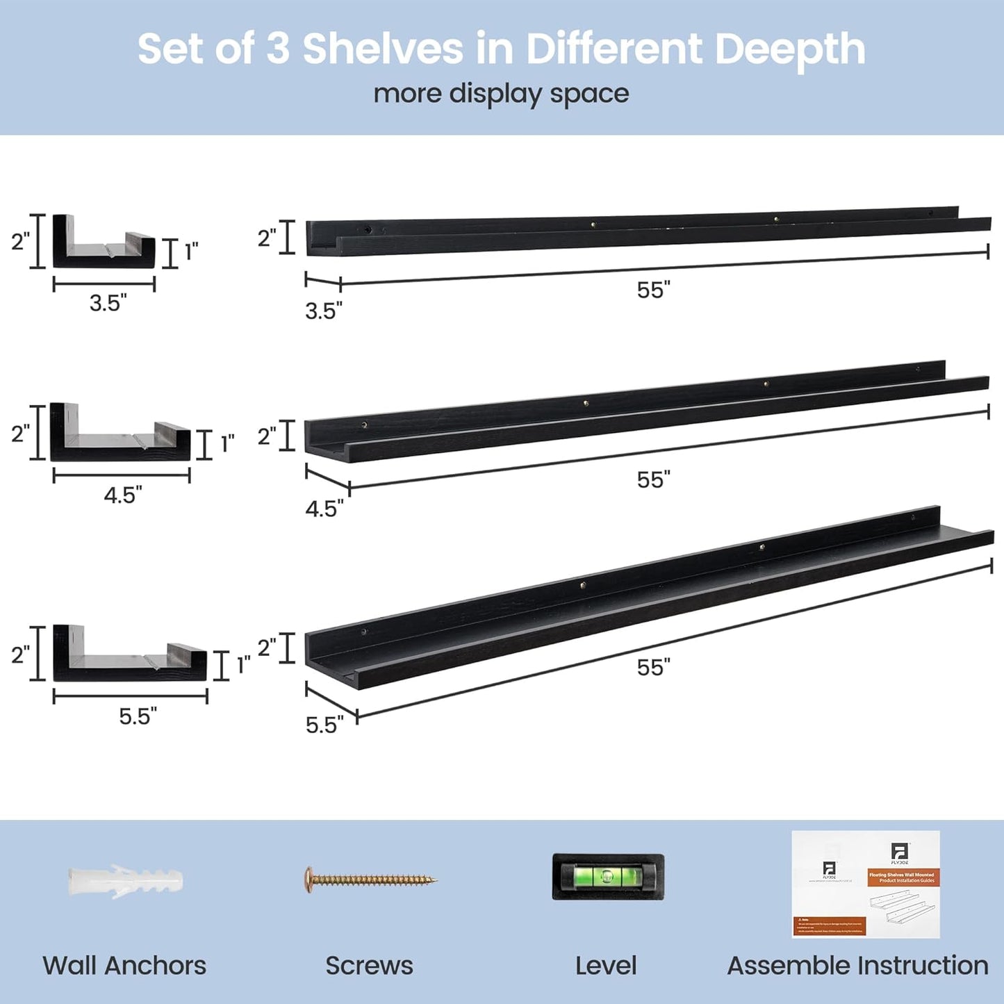 ShelfLoft 5.5"D x 2"H Black Pine Wood Picture Ledge Shelf Wall Shelves with Lip, 2 Pack