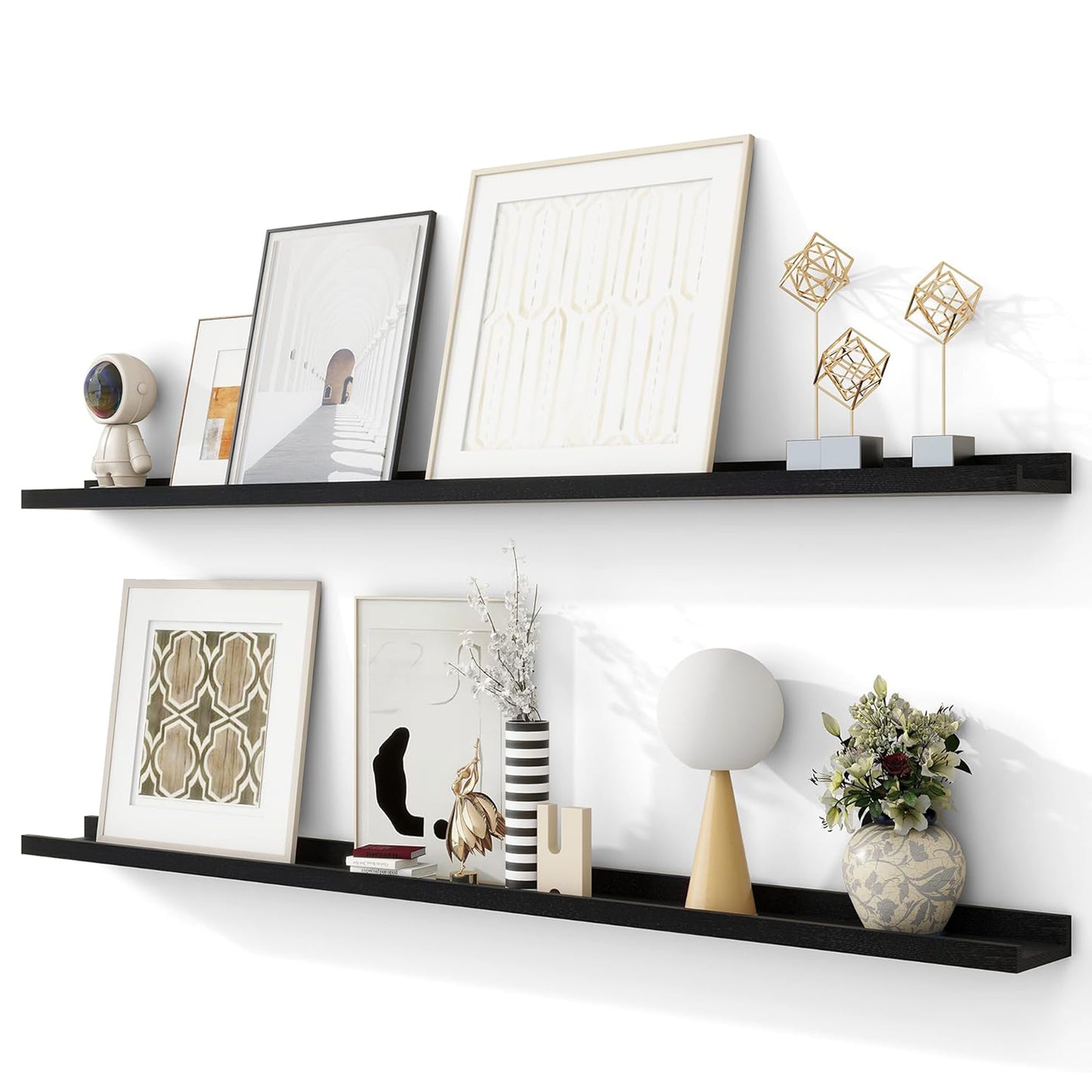 ShelfLoft 4.7"D x 1.65"H Black Solid Ash Wood Picture Ledge Floating Shelves, Set of 2