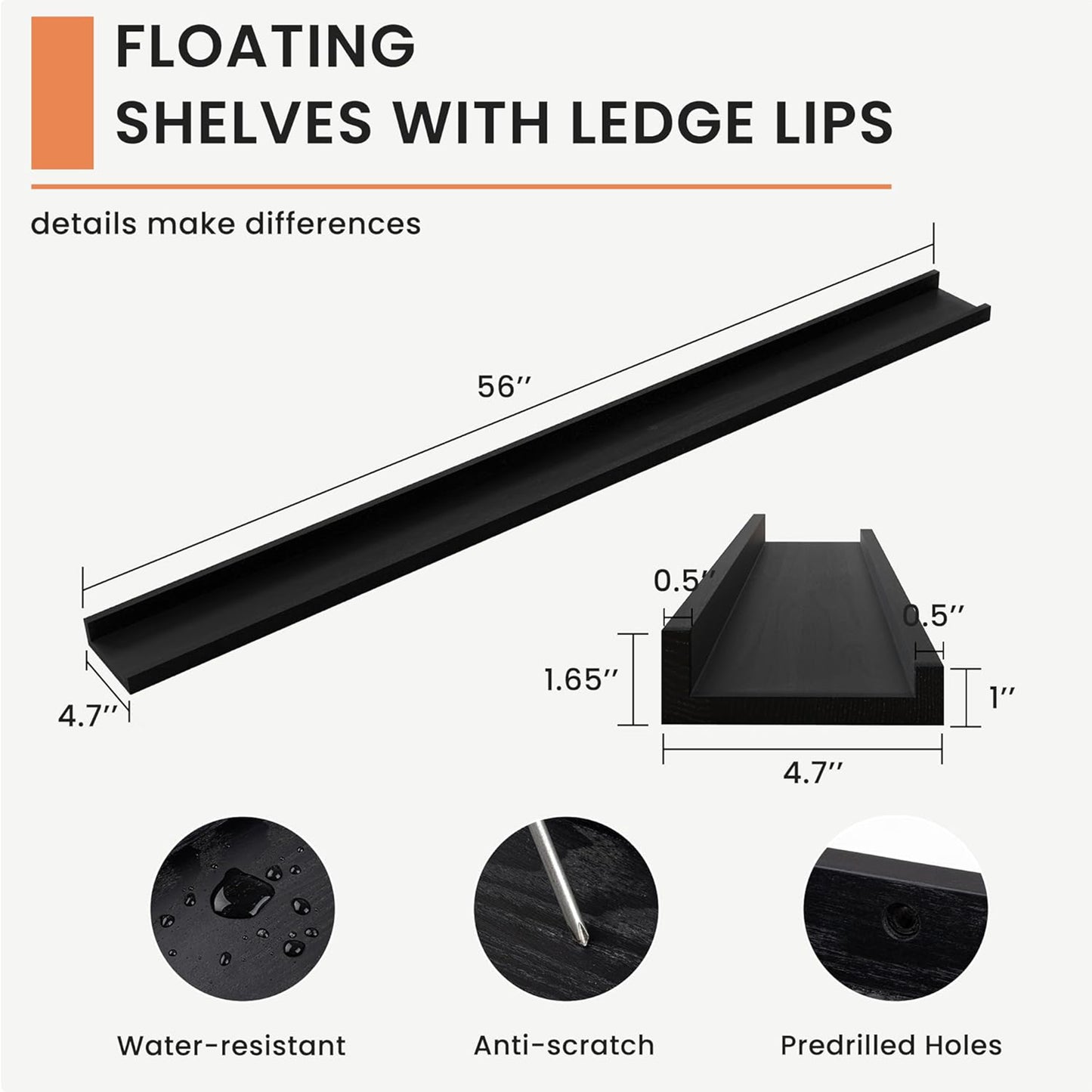 ShelfLoft 4.7 Inch Deep Solid Ash Wood Picture Ledge Floating Shelves, Set of 2