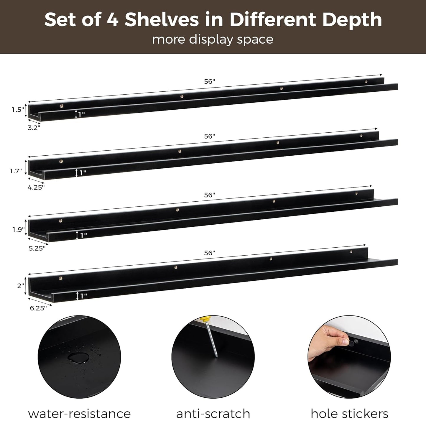 ShelfLoft 6.25 Inch Deep Picture Ledge Floating Shelves for Wall Storage,Set of 4