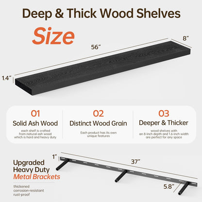 ShelfLoft 8 Inch Deep Solid Ash Wood Floating Shelves