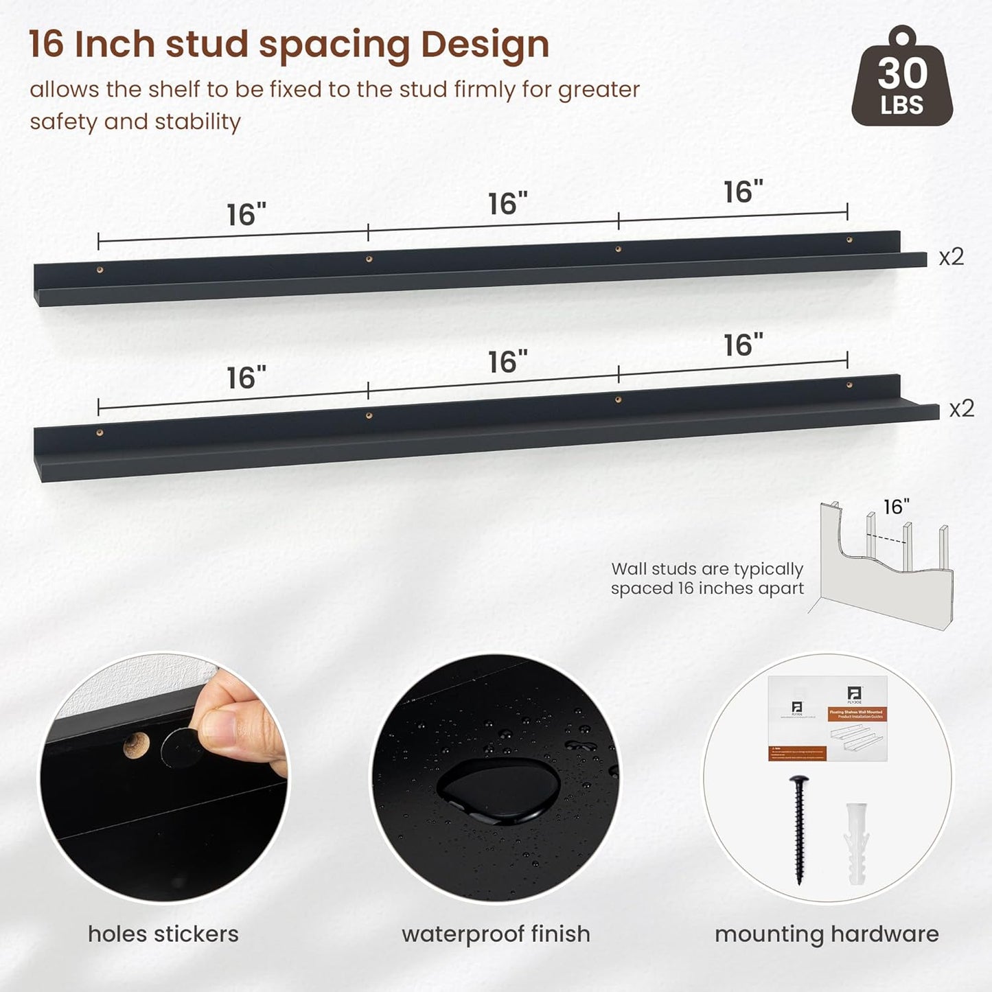 ShelfLoft 5.5"D x 2"H Black Picture Ledge Shelf Wall Display Floating Shelves with Lip