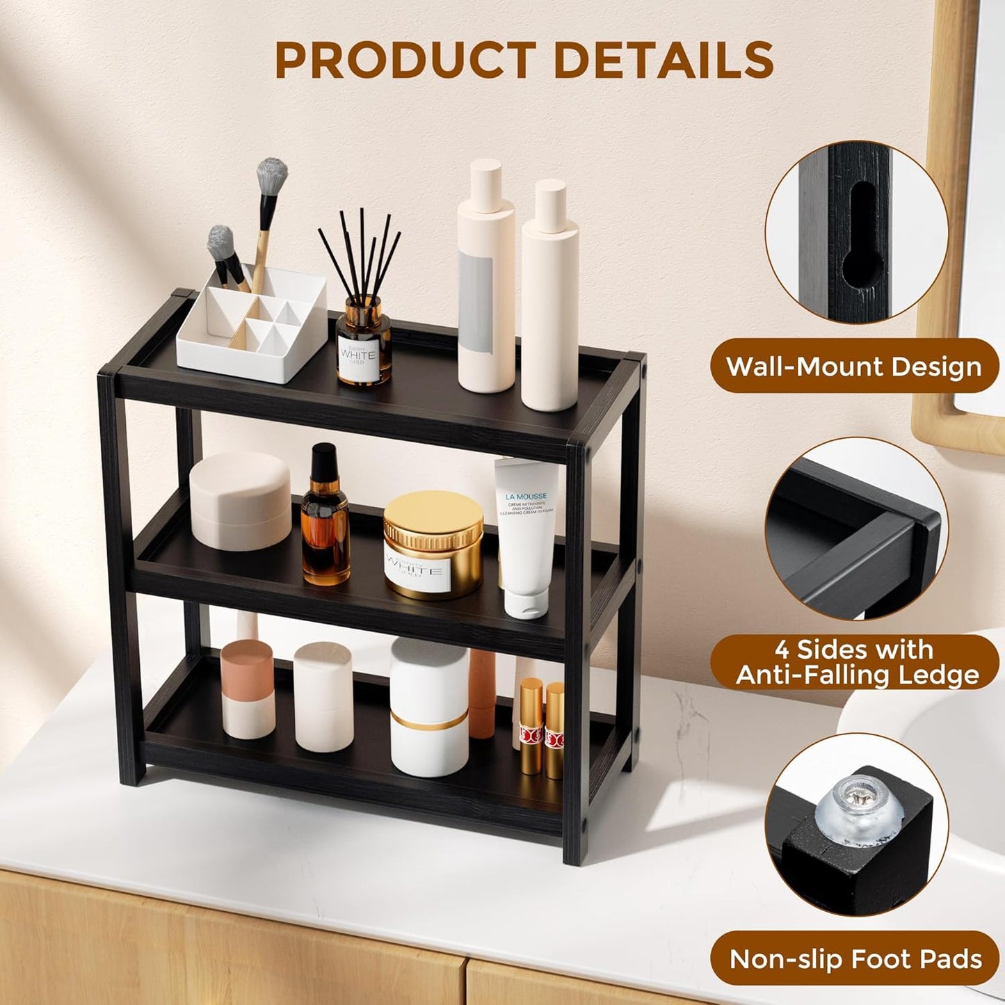 ShelfLoft 3 Tier Bathroom Organizer Bamboo Storage Shelf for Makeup, Skincare, Spices