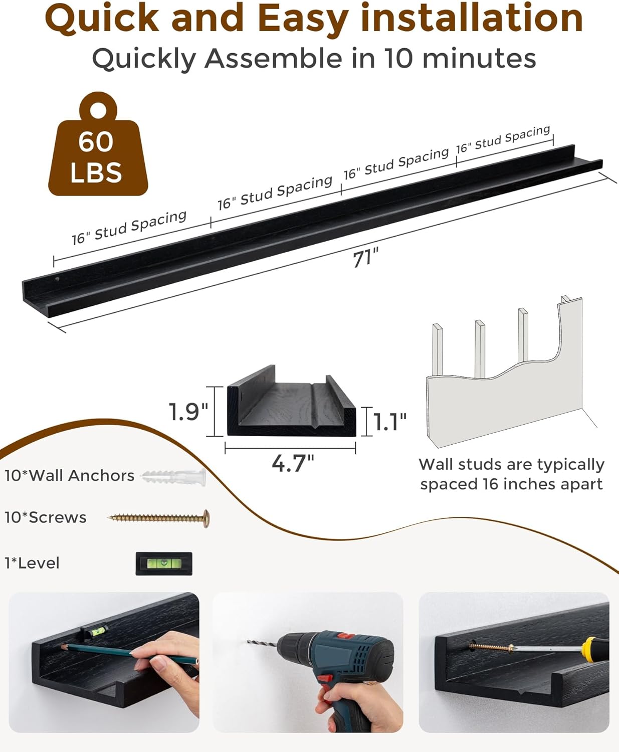 ShelfLoft 4.7 Inch Deep Solid Oak Wood Picture Ledge Shelf, Set of 2