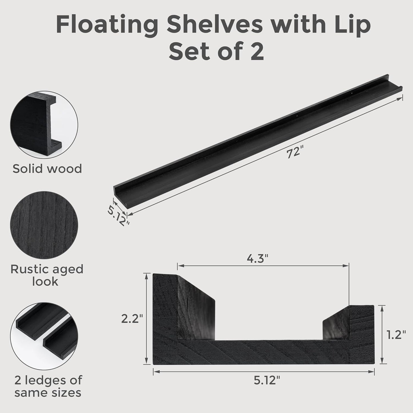 ShelfLoft 5.12"D x 2.2"H Distressed Black Picture Ledge Wall Floating Shelves with Lip