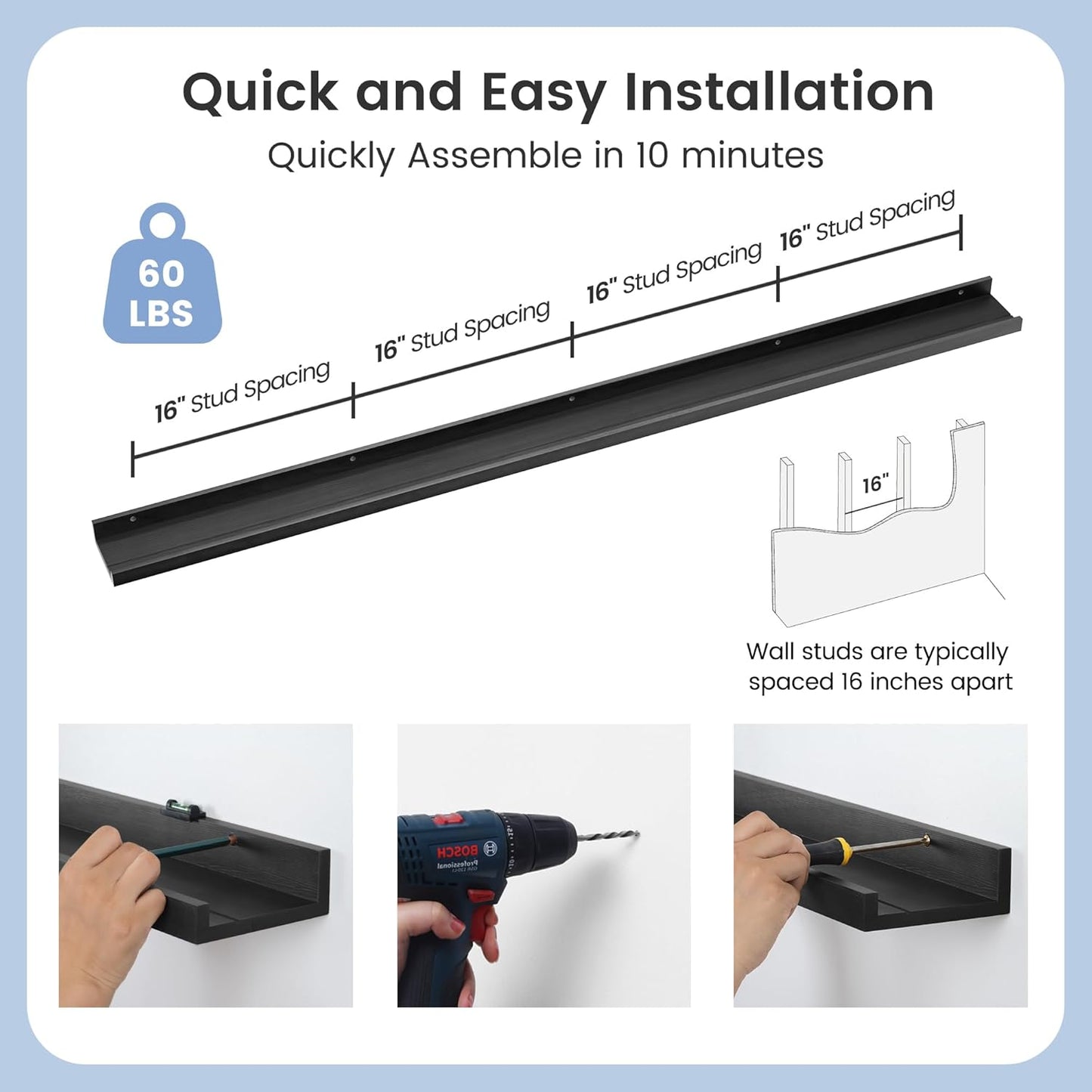 ShelfLoft 5.5"D x 2"H Black Pine Wood Picture Ledge Shelf Wall Shelves with Lip, 2 Pack