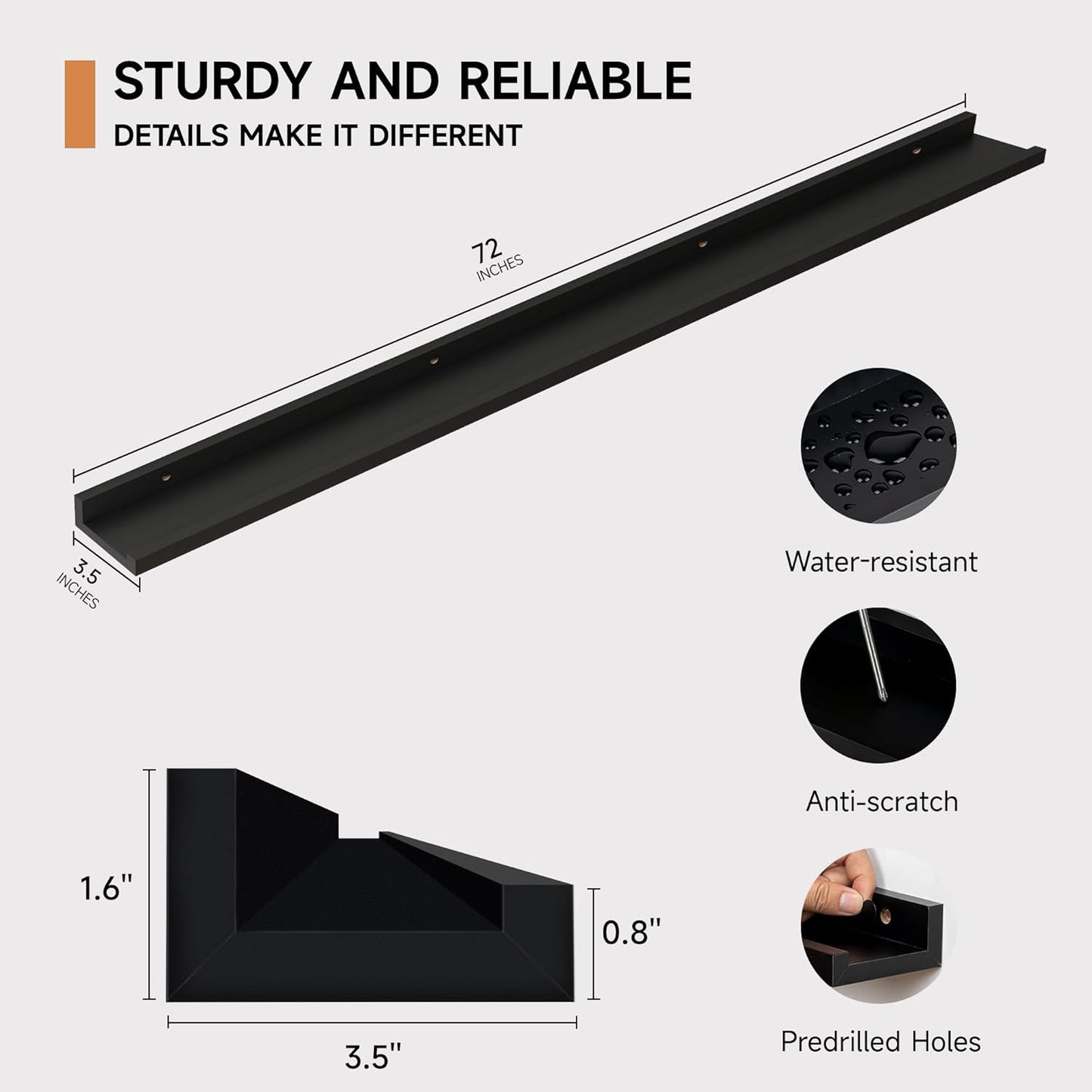 ShelfLoft 3.5"D x 1.6"H Black Picture Ledge Shelf Wall Display Floating Shelves