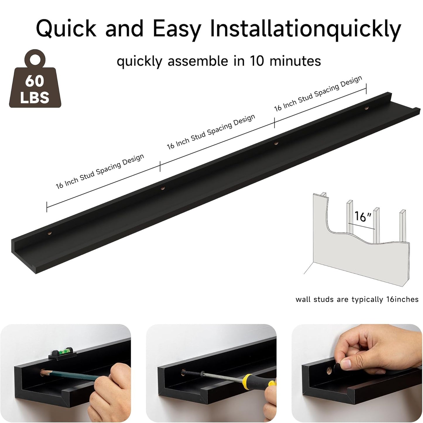 ShelfLoft 3.5"D x 1.6"H Black Picture Ledge Shelf Wall Display Floating Shelves