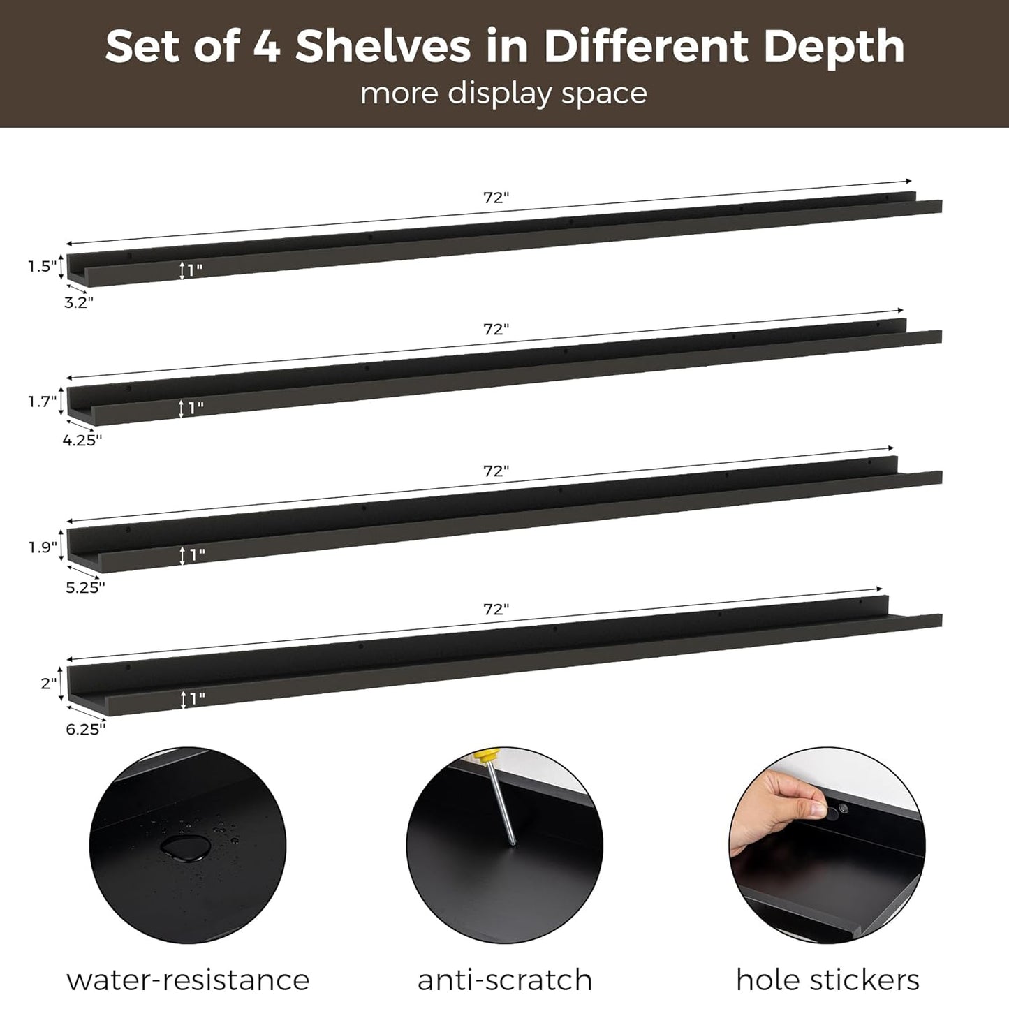 ShelfLoft 6.25 Inch Deep Picture Ledge Floating Shelves for Wall Storage,Set of 4