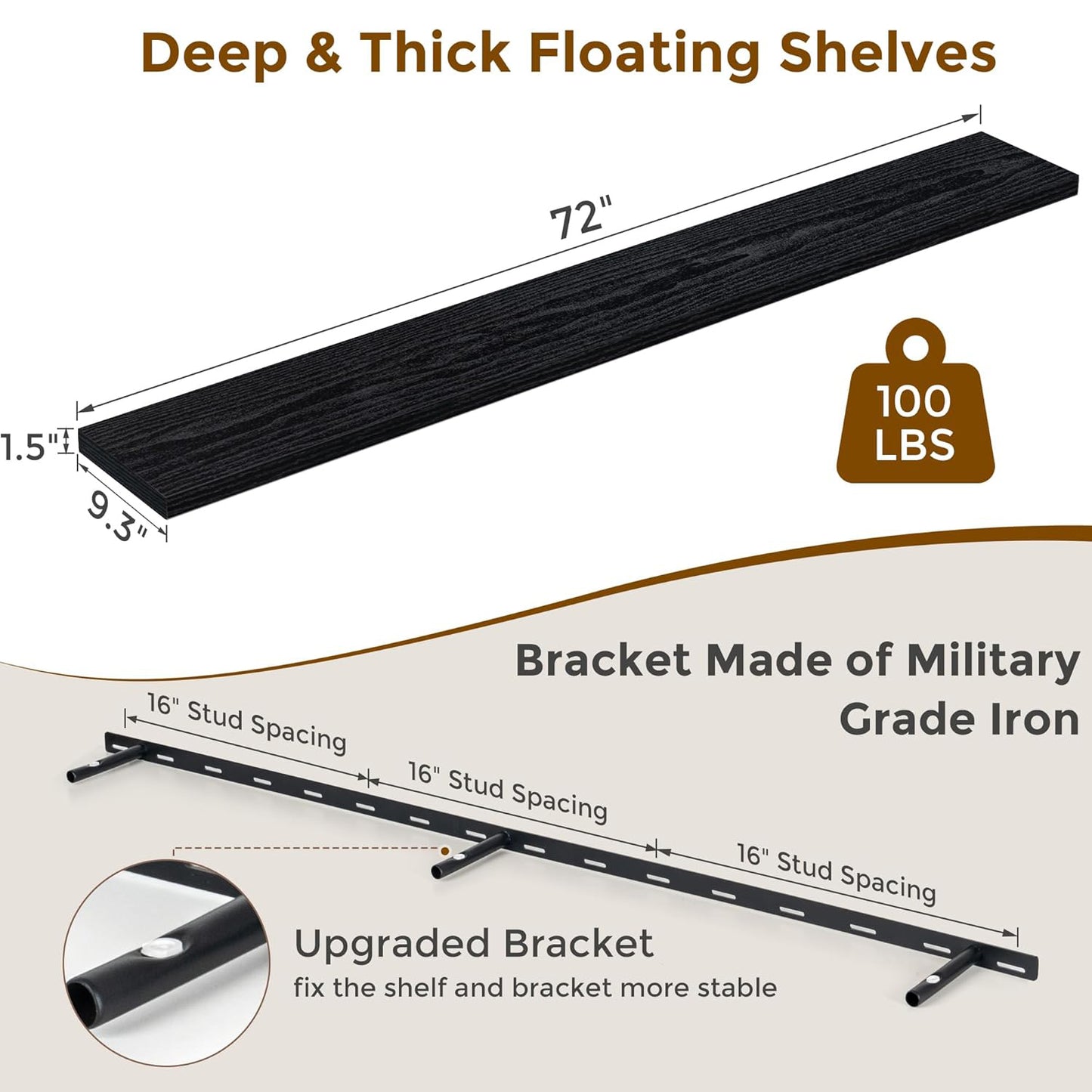 ShelfLoft 72" Wide x 9.3" Deep Floating Shelves for Wall Storage,Black-1 Pack