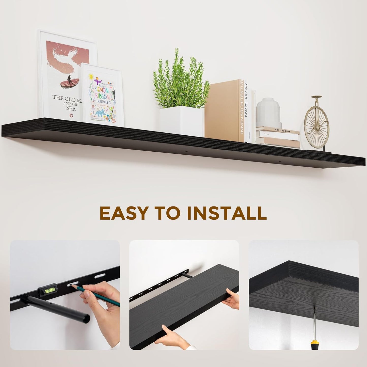 ShelfLoft 9.3"D x 1.5"H Black Floating Shelves for Wall Storage