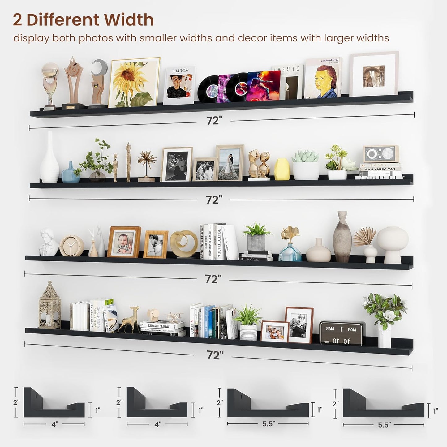 ShelfLoft 5.5"D x 2"H Black Picture Ledge Shelf Wall Display Floating Shelves with Lip