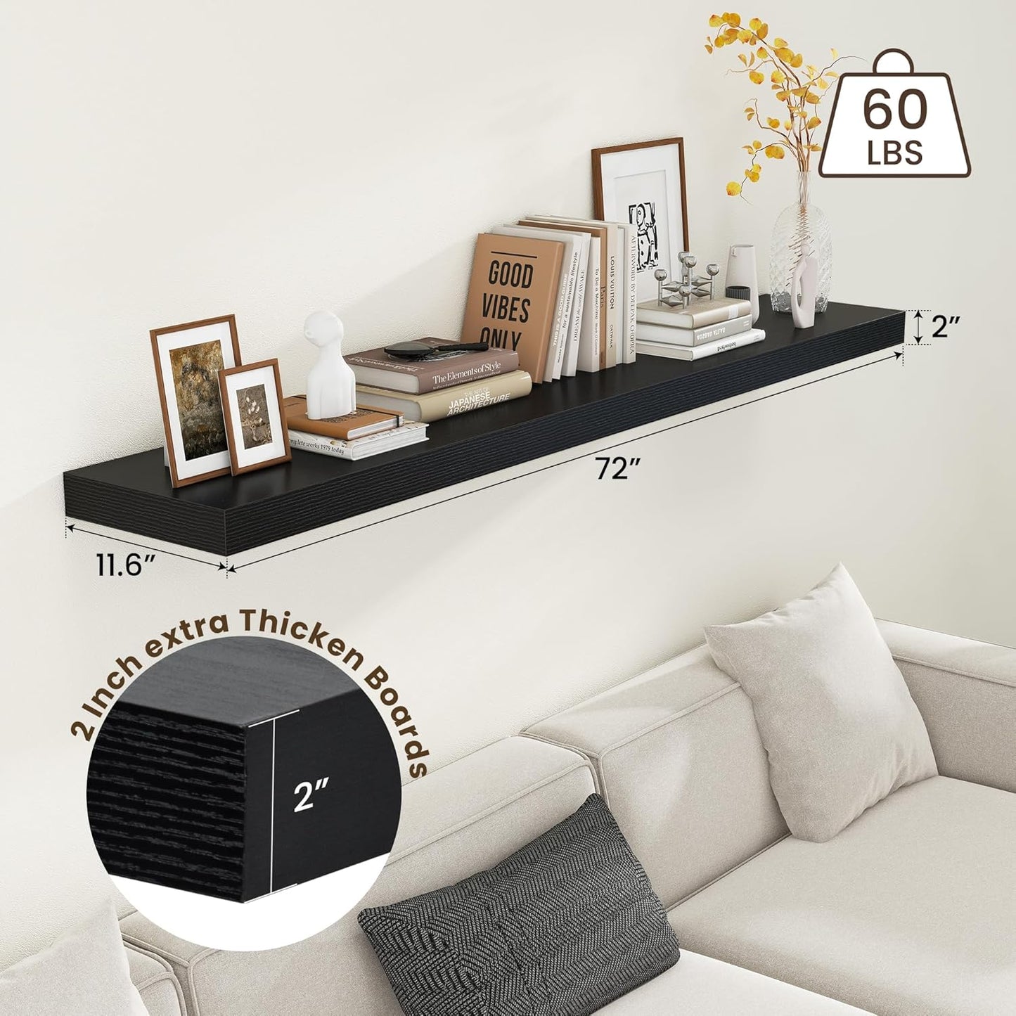 ShelfLoft 11.6"D x 2"H Black Floating Shelves for Wall Storage