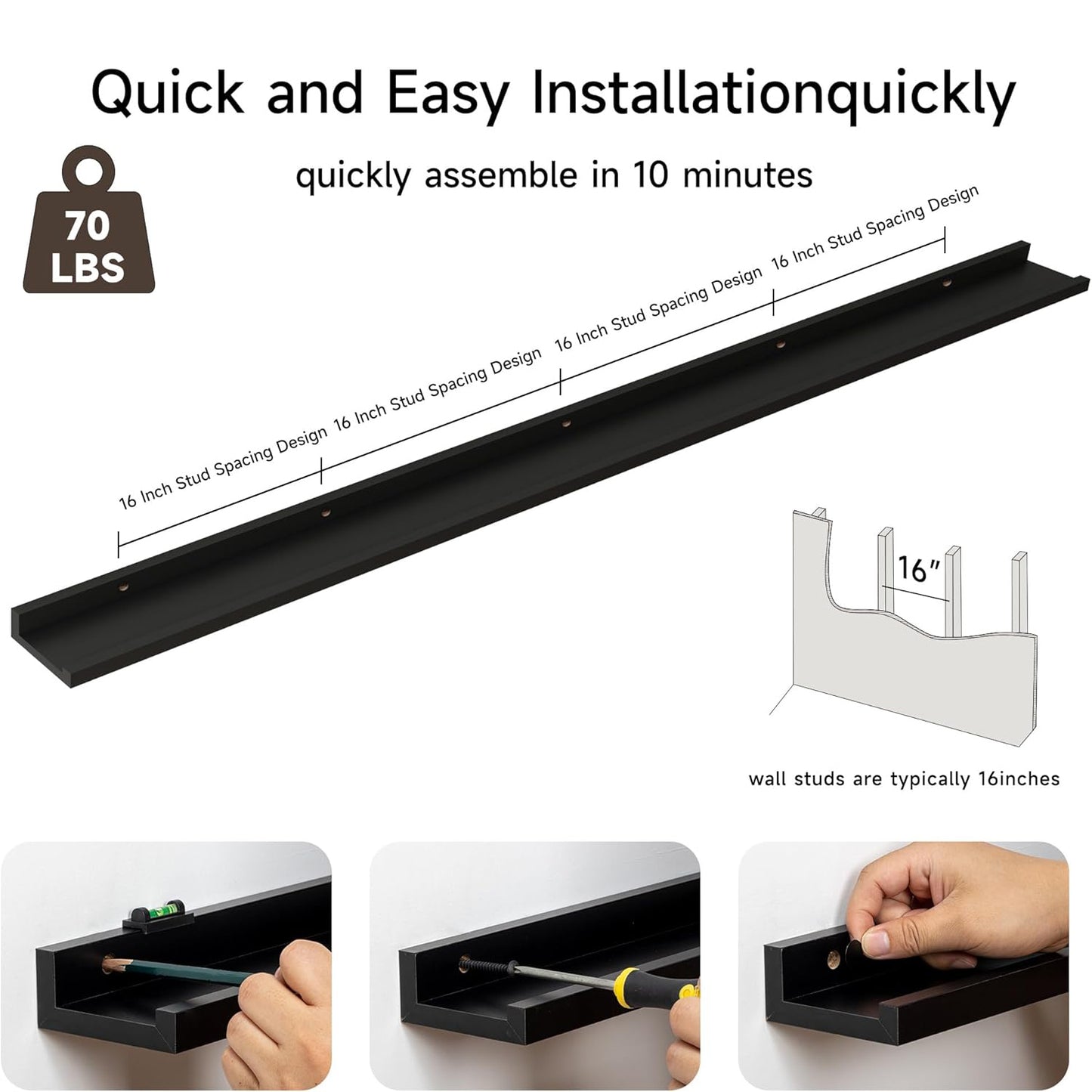 ShelfLoft 3.5"D x 1.6"H Black Picture Ledge Shelf Wall Display Floating Shelves