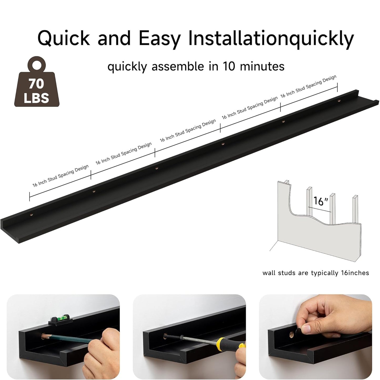 ShelfLoft 3.5"D x 1.6"H Black Picture Ledge Shelf Wall Display Floating Shelves