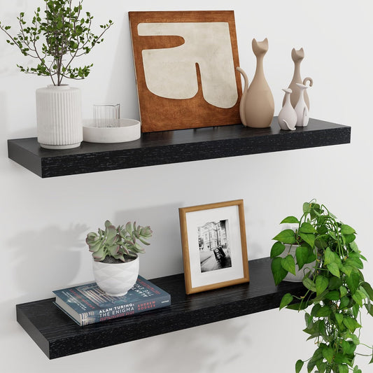 ShelfLoft 8"D x 1.4"H 88lbs Black Solid Oak Wood Floating Shelves Wall Mounted Display Shelf