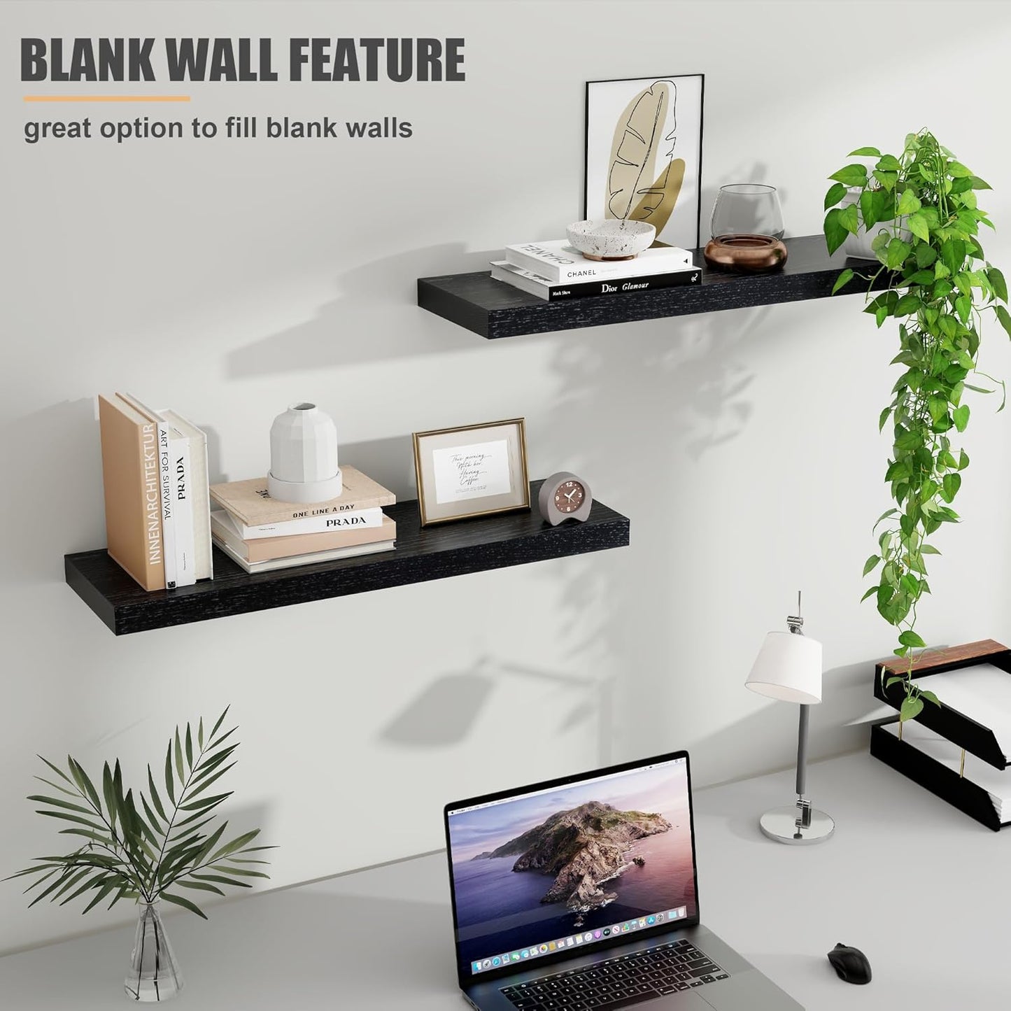 ShelfLoft 24" Wide x 8" Deep 66lbs Solid Oak Wood Floating Shelves Wall Mounted Display Shelf,Black Finish-2 Pack