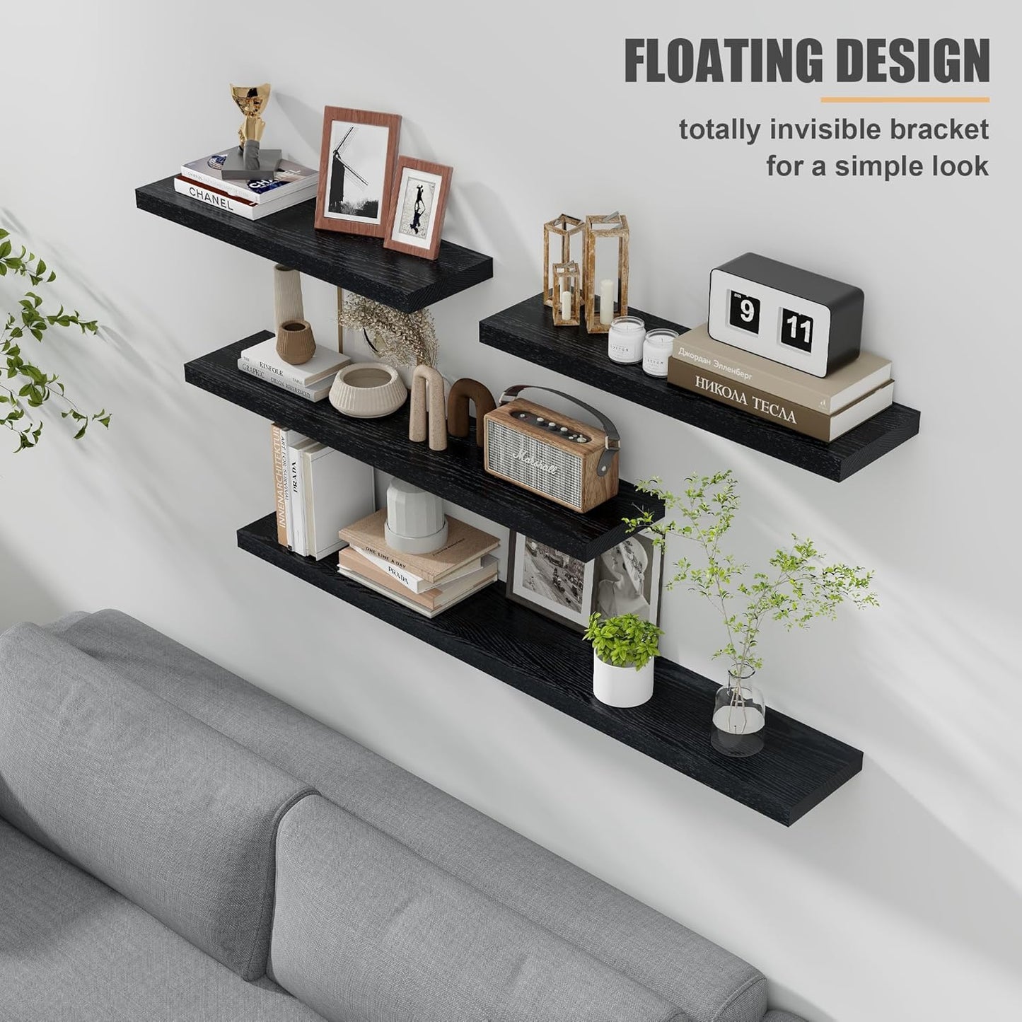 ShelfLoft 8"D x 1.4"H 88lbs Black Solid Oak Wood Floating Shelves Wall Mounted Display Shelf