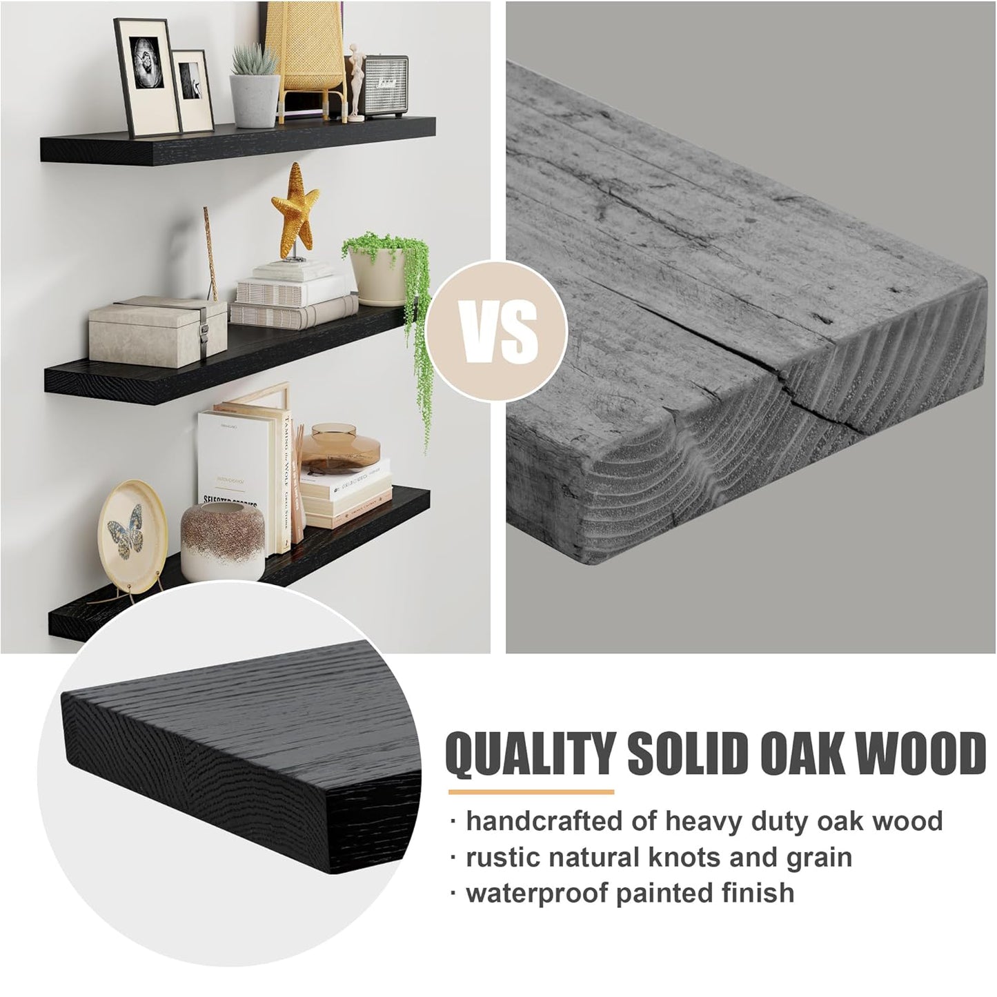 ShelfLoft 48" Wide x 8" Deep 88lbs Solid Oak Wood Floating Shelves Wall Mounted Display Shelf, 2 Pack