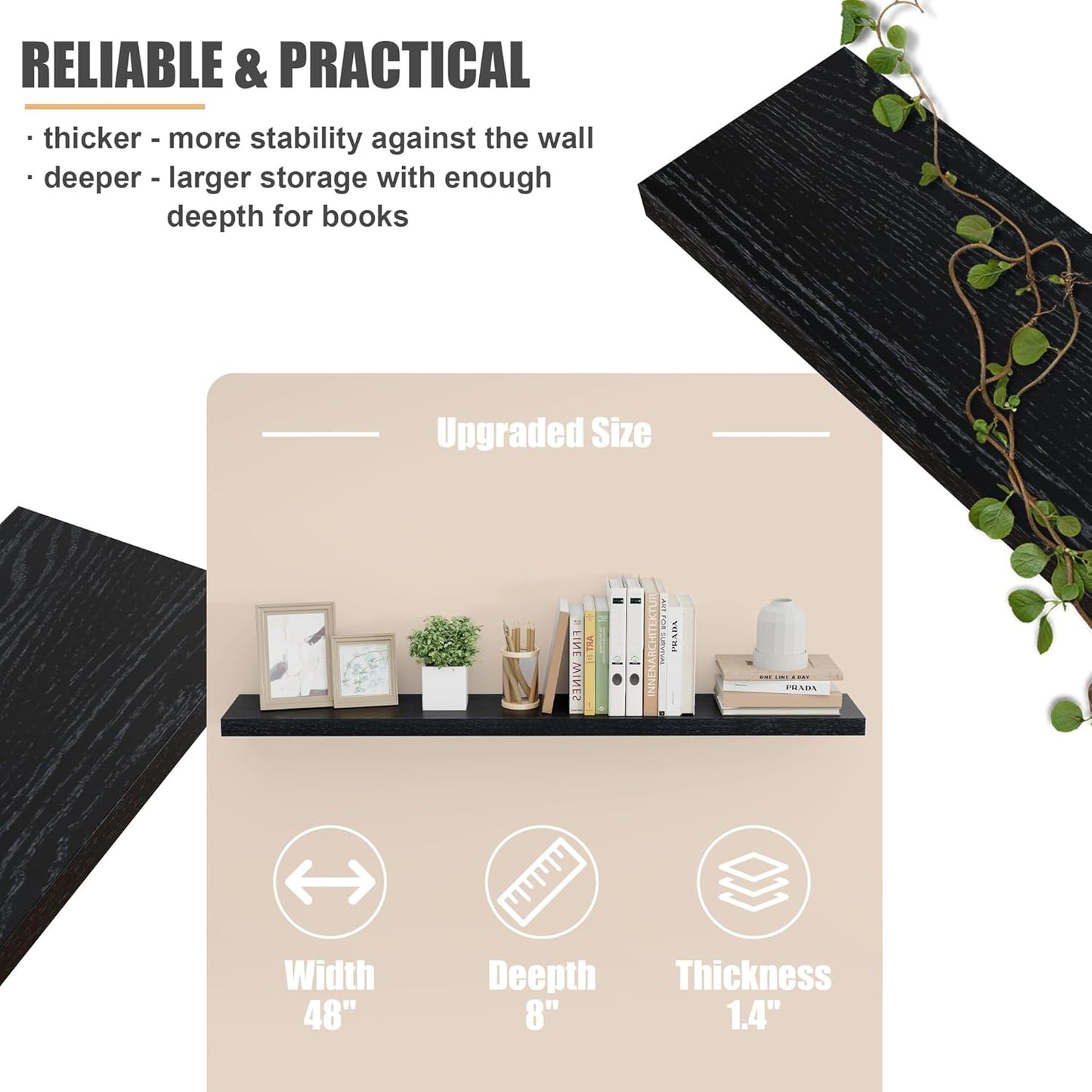 ShelfLoft 48" Wide x 8" Deep 88lbs Solid Oak Wood Floating Shelves Wall Mounted Display Shelf,Black Finish-2 Pack