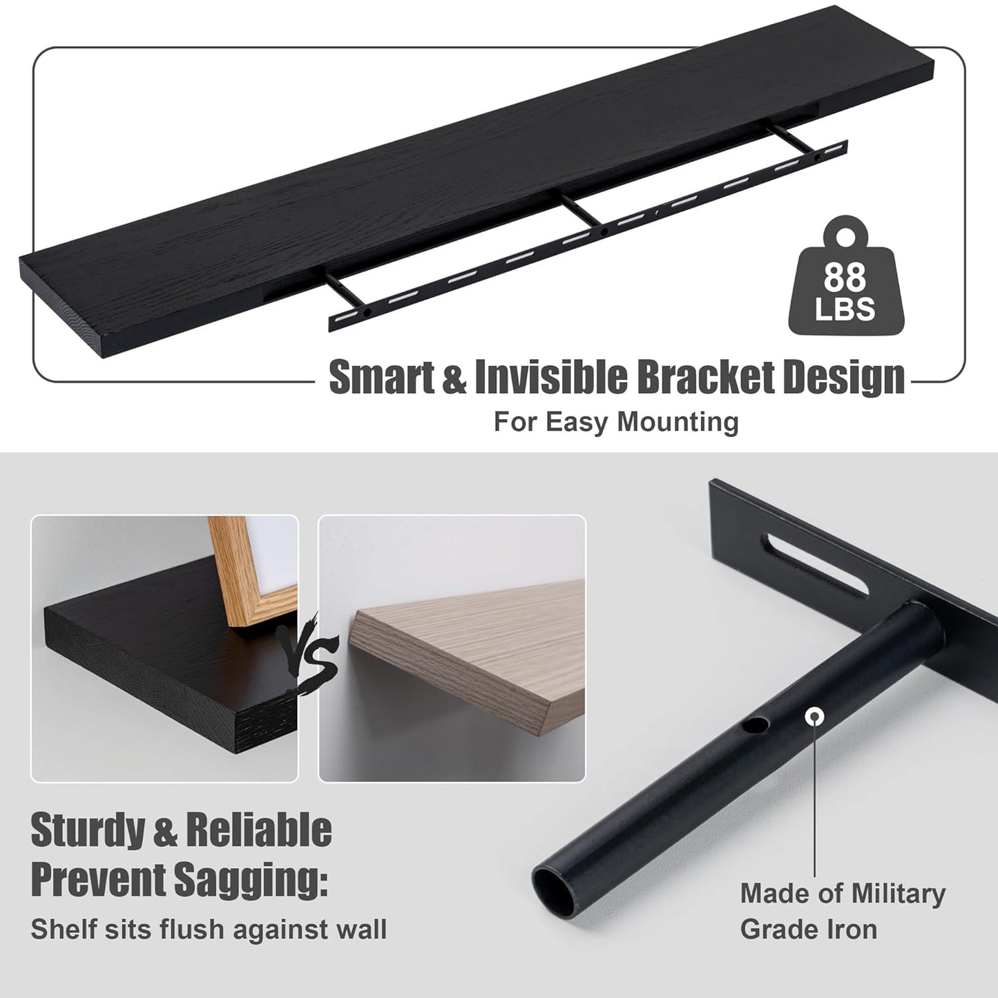 ShelfLoft 48" Wide x 8" Deep 88lbs Solid Oak Wood Floating Shelves Wall Mounted Display Shelf,Black Finish-2 Pack