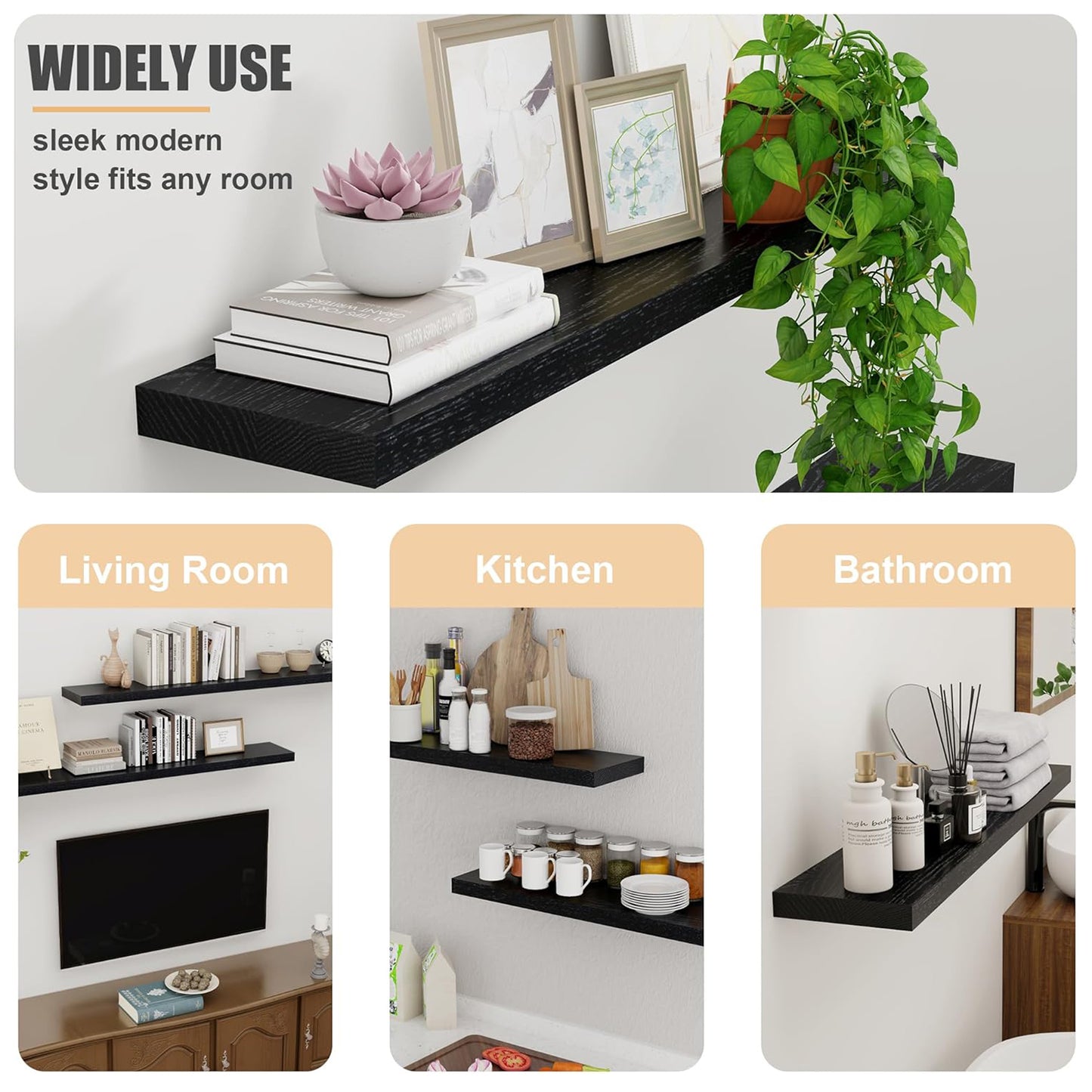 ShelfLoft 48" Wide x 8" Deep 88lbs Solid Oak Wood Floating Shelves Wall Mounted Display Shelf,Black Finish-2 Pack