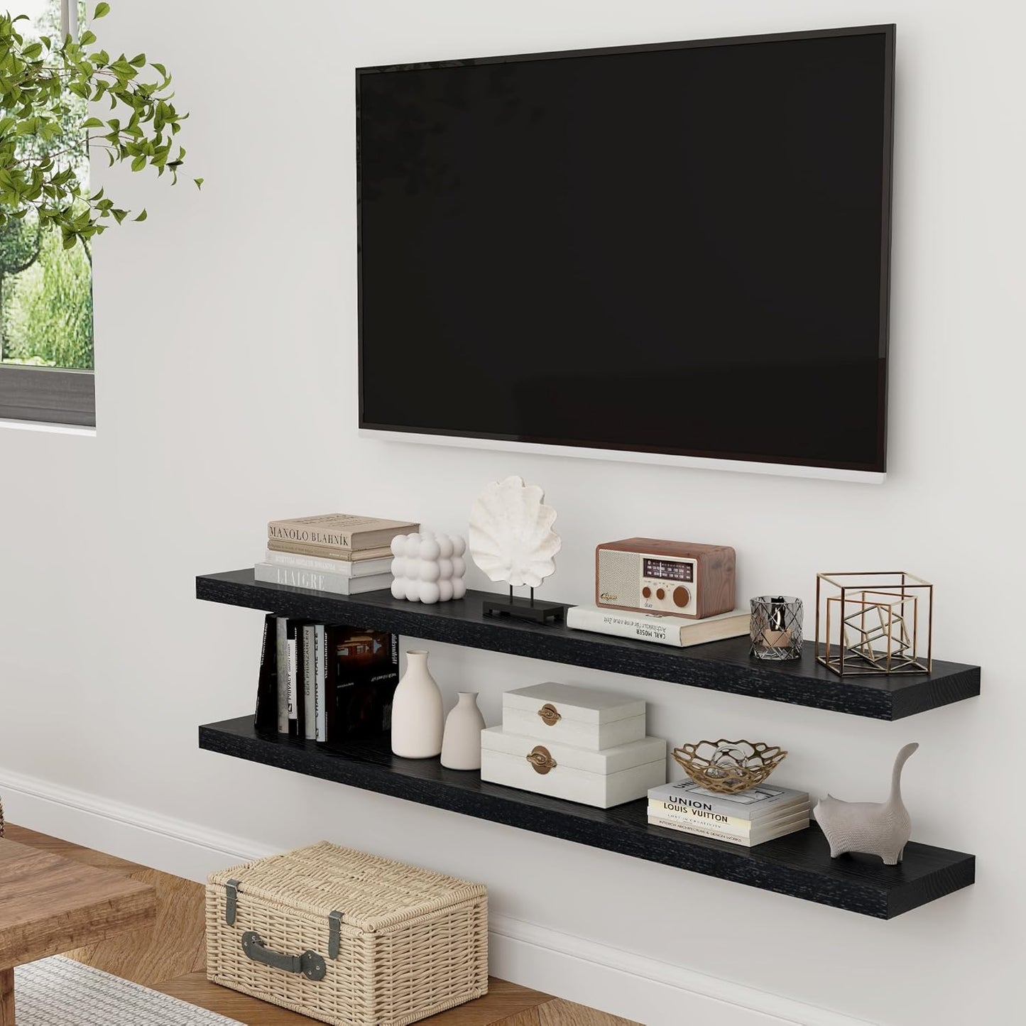 ShelfLoft 48" Wide x 8" Deep 88lbs Solid Oak Wood Floating Shelves Wall Mounted Display Shelf,Black Finish-2 Pack