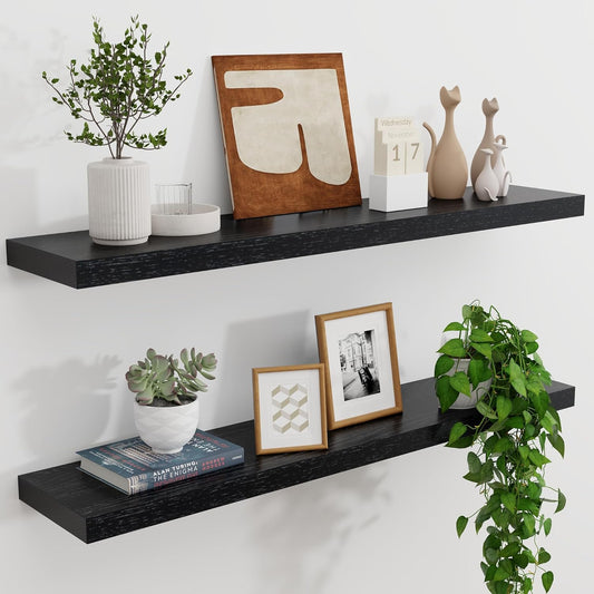 ShelfLoft 36" Wide x 8" Deep 77lbs Solid Oak Wood Floating Shelves Wall Mounted Display Shelf,Black Finish-2 Pack