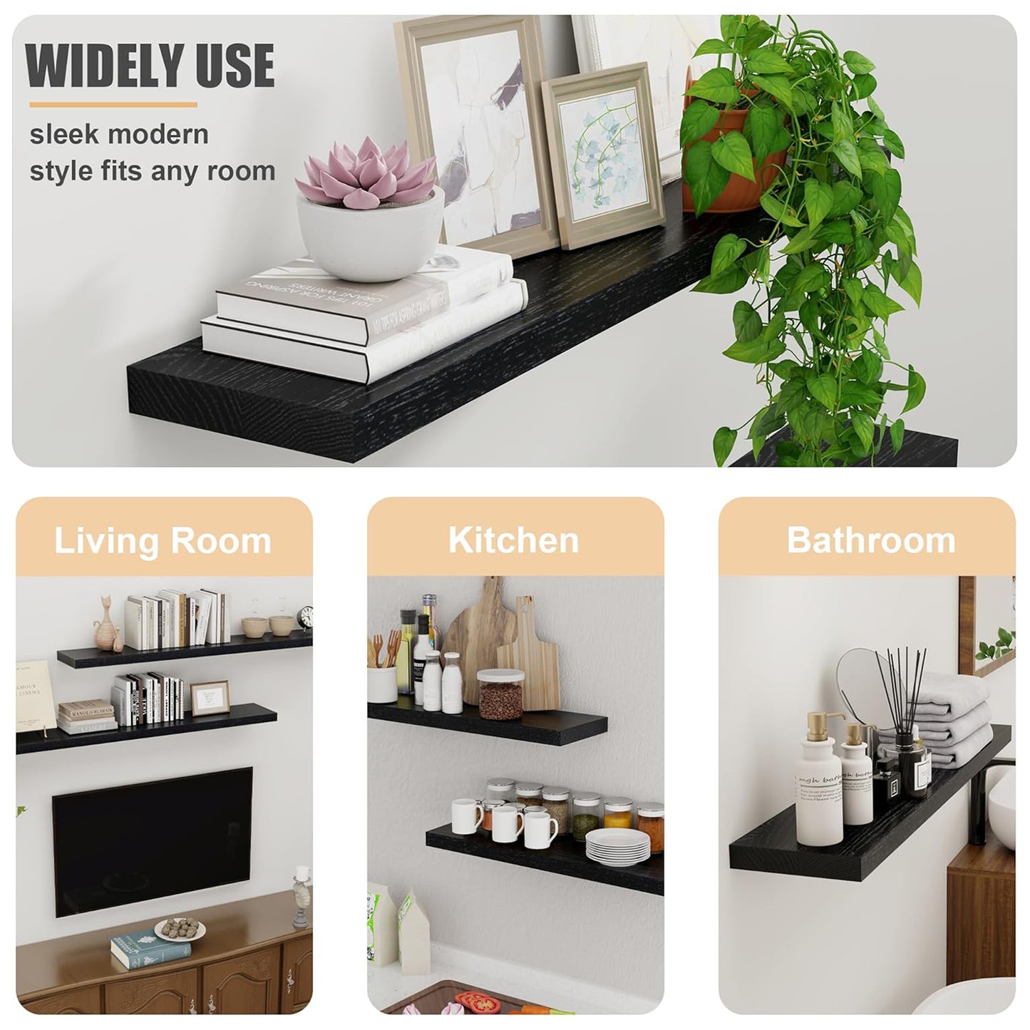 ShelfLoft 36" Wide x 8" Deep 77lbs Solid Oak Wood Floating Shelves Wall Mounted Display Shelf,Black Finish-2 Pack