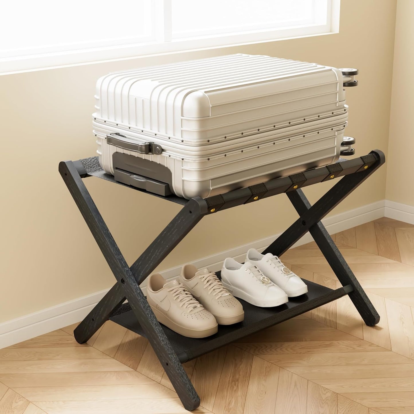 Shelfloft Solid Oak Folding Luggage Rack with Storage Shelf