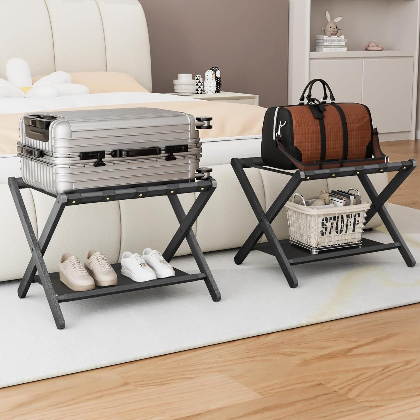 Shelfloft Solid Oak Folding Luggage Rack with Storage Shelf