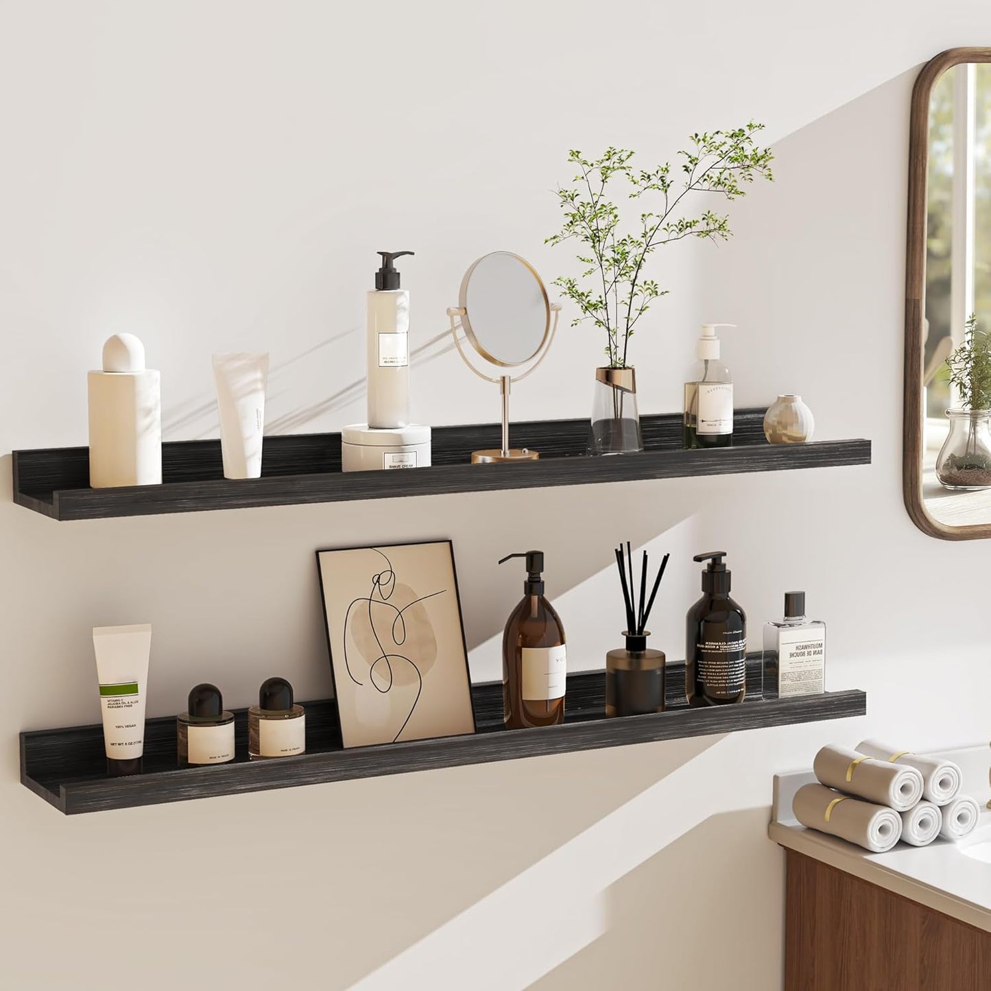 Shelfloft 4.7 Inch Deep Picture Ledge Shelf Rustic Fir Hardwood Floating Wall Shelves with Lip