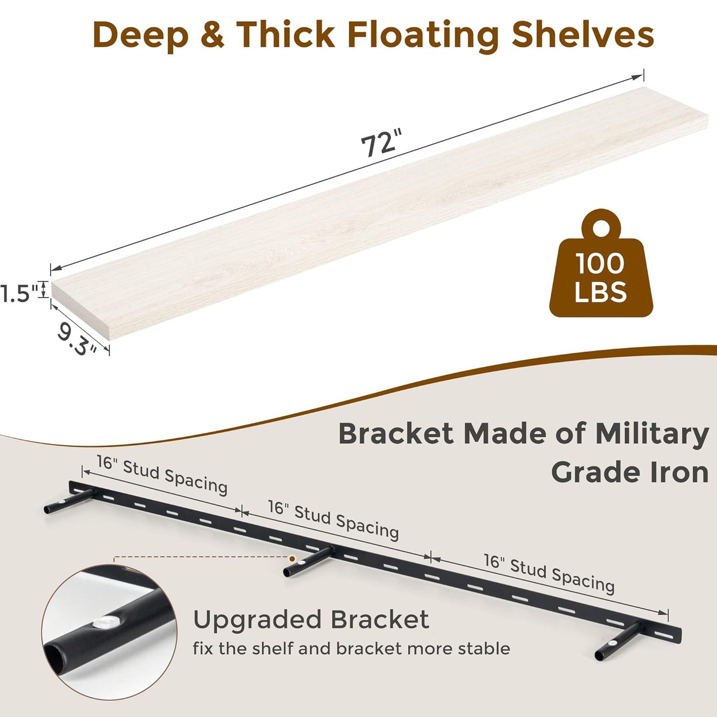 ShelfLoft 72" Wide x 9.3" Deep Floating Shelves for Wall Storage,Birch-1 Pack