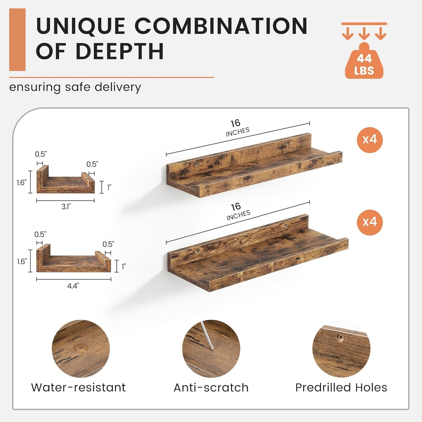 ShelfLoft 4.7"D x 2"H Brown Picture Ledge Floating Shelves