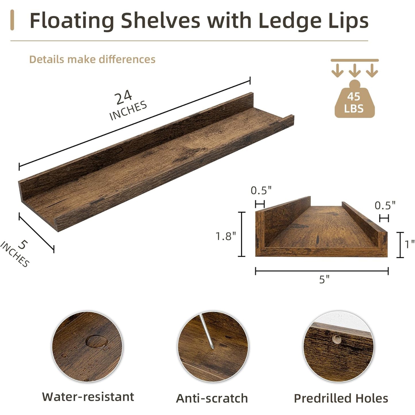 ShelfLoft 5"D x 1.8“H Brown Picture Ledge Shelf Wood Floating Shelves