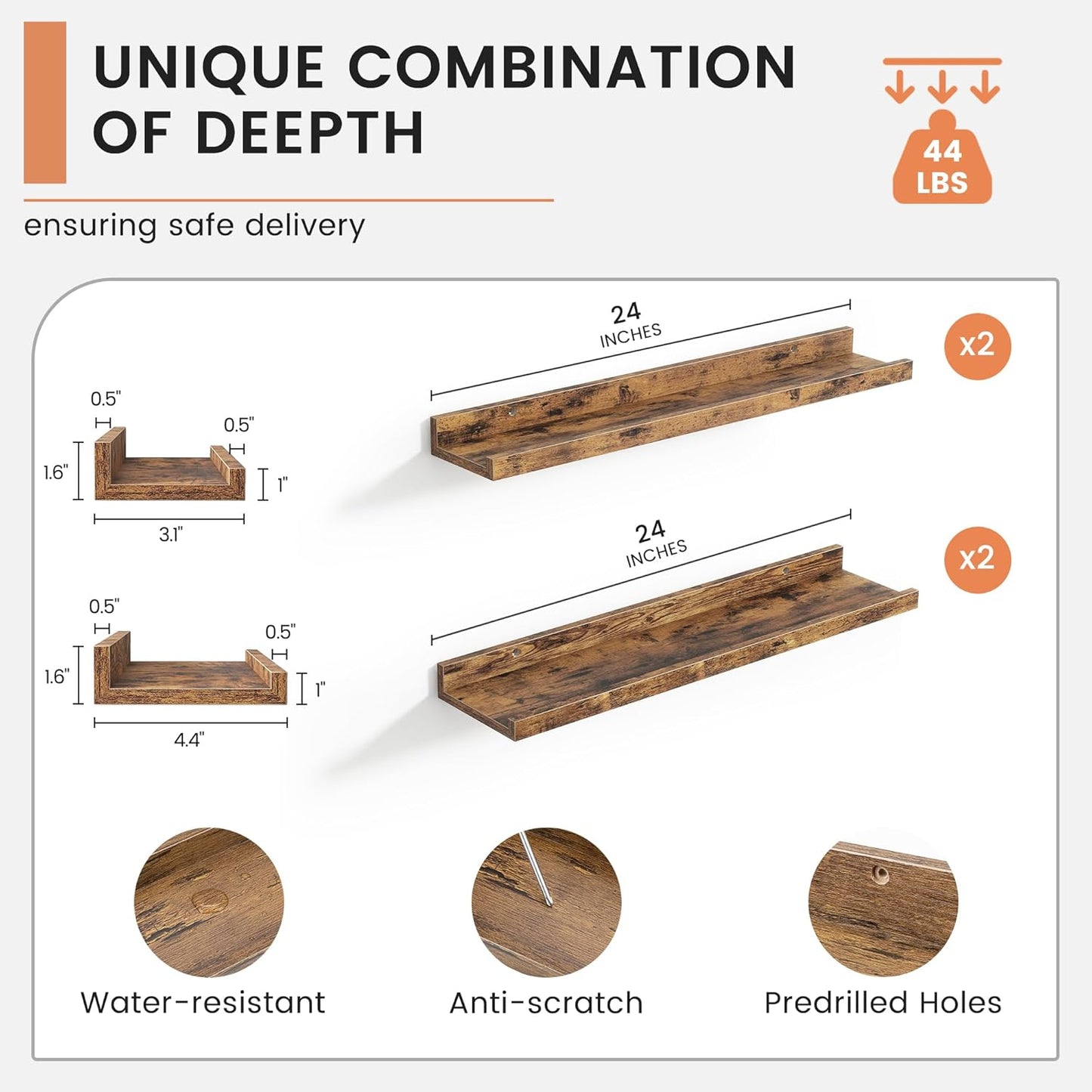 ShelfLoft 24" Wide x 4.7" Deep Picture Ledge Floating Shelves, 2 Pack