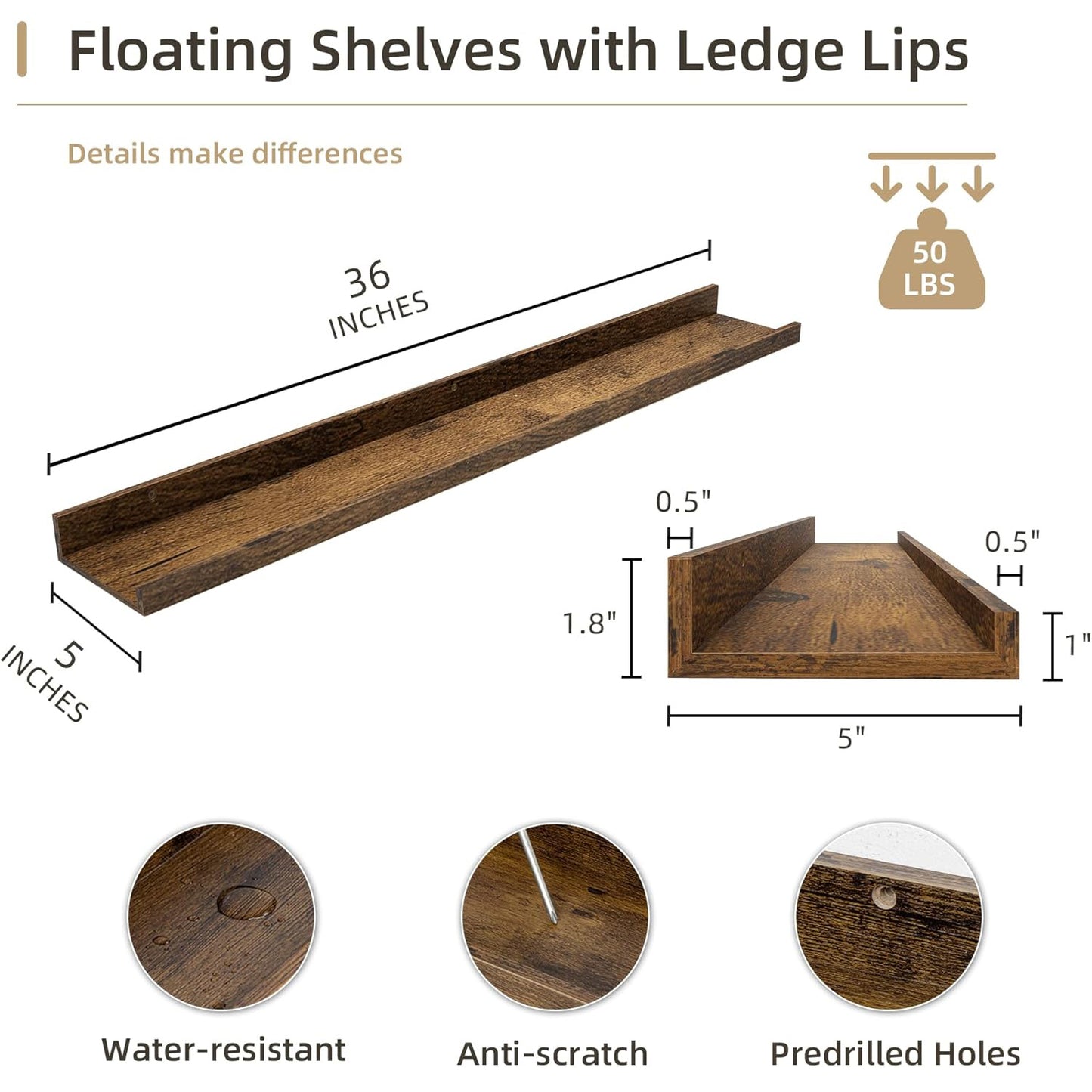 ShelfLoft 5"D x 1.8“H Brown Picture Ledge Shelf Wood Floating Shelves