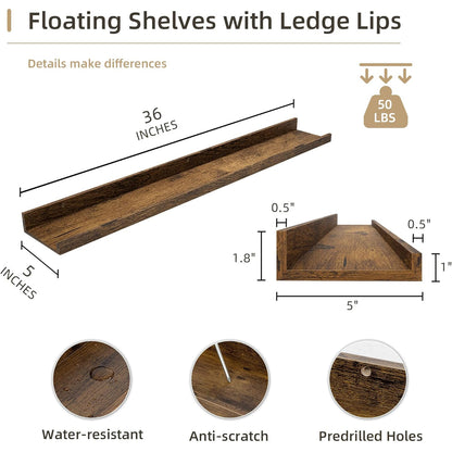 ShelfLoft 5"D x 1.8“H Brown Picture Ledge Shelf Wood Floating Shelves