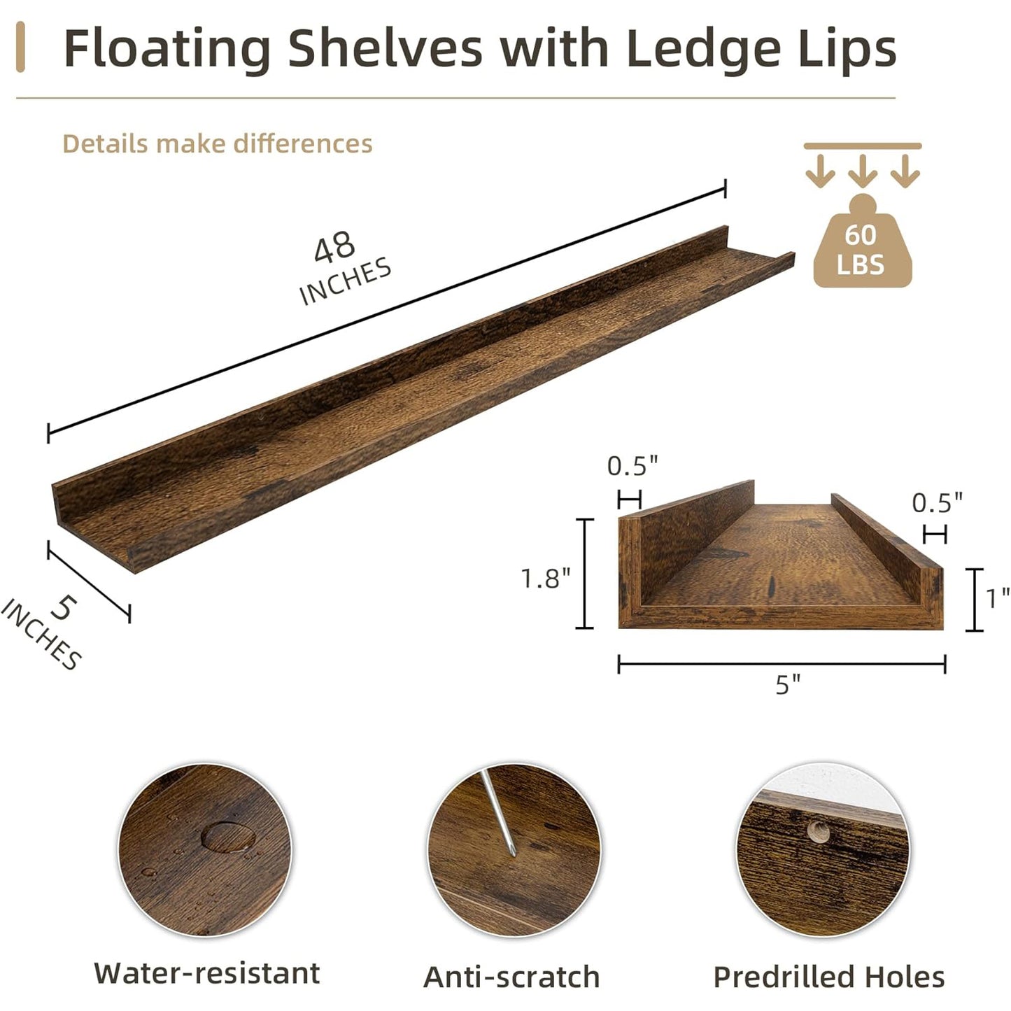 ShelfLoft 5"D x 1.8“H Brown Picture Ledge Shelf Wood Floating Shelves