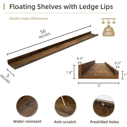 ShelfLoft 56" Wide x 5" Deep Picture Ledge Shelf Wood Floating Shelves,2 Pack